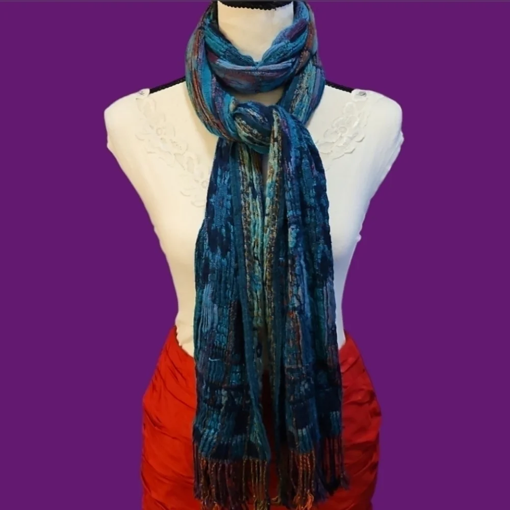 VTG Handwoven Turquoise Multi-color Rainbow Crinkle Fringe Scarf